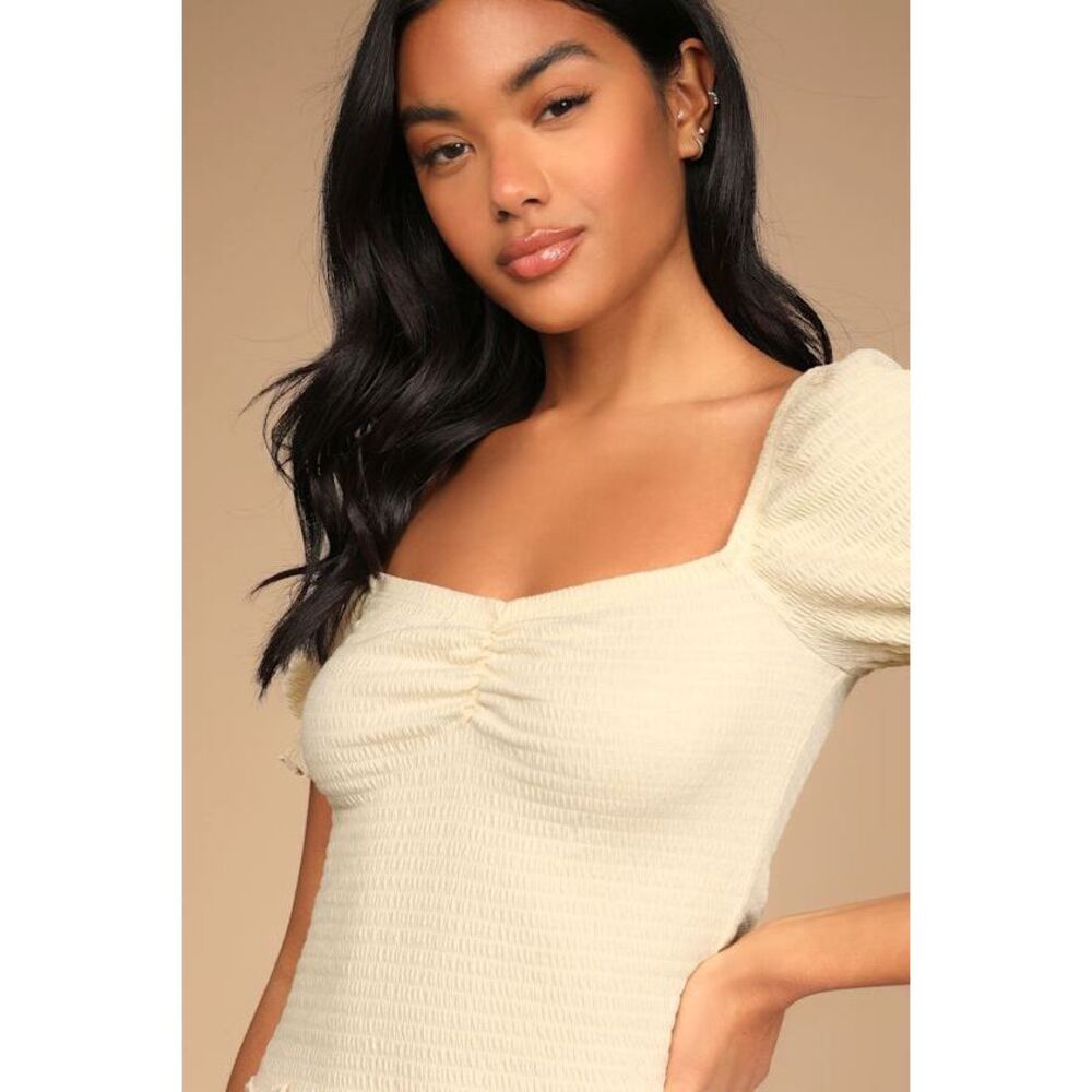 Lulus Hello Love Cream Smocked Ruffled Puff Sleeve Top Beige - Size M